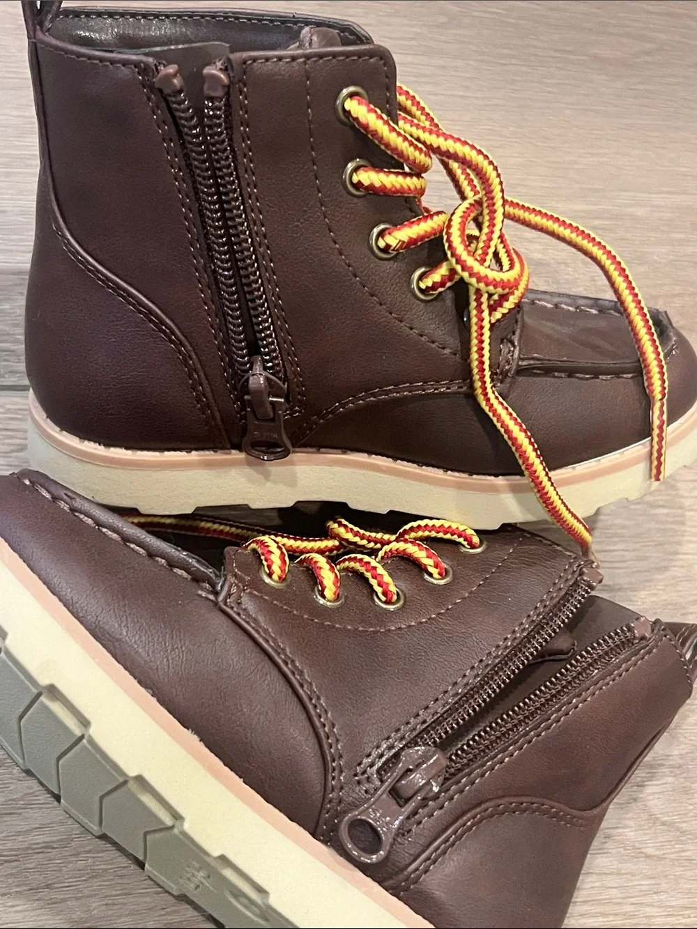 Cat & Jack Greyson Brown Lace-Up Ankle Boots with Yellow-Orange Laces Side Zip